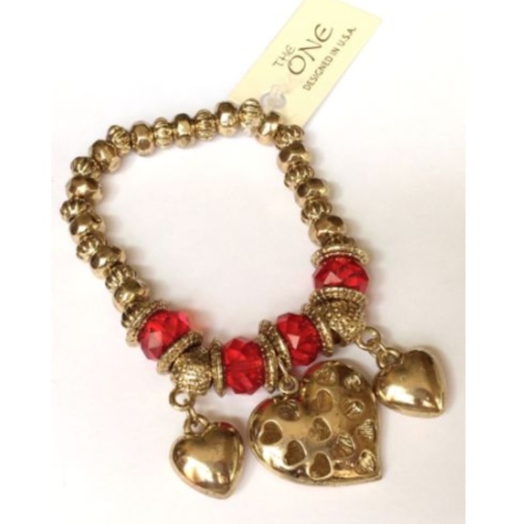 Gold Heart Charm Bracelet Red Enamel LOVE Chunky - Picture 6 of 8